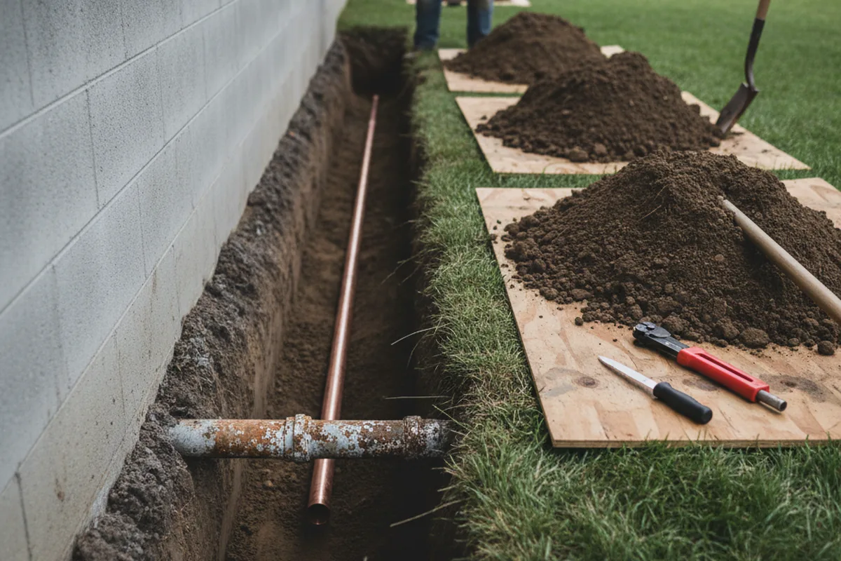 Excavated water line trench during Sewer Line Repair in Marshallville